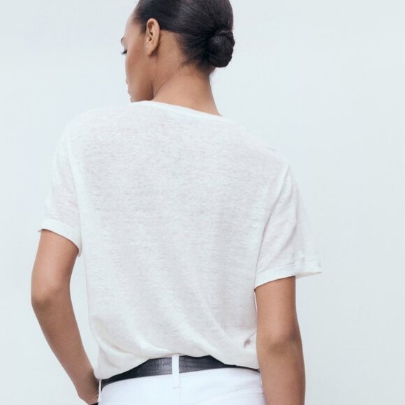 Mango White Linen V-neck Short Sleeve Tee Size XS NWT - Picture 2 of 5